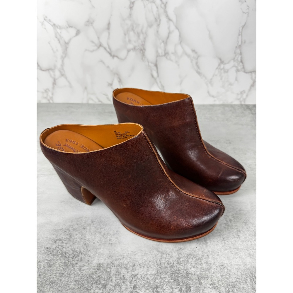 Kork-Ease Sagano Clogs Mules Womens 9 Brown Leather Block Heel Square Toe